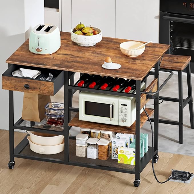 HOOBRO Kitchen Island with Power Outlet, Rolling Kitchen Cart with Drop Leaf, Island Table with Extendable Worktop and Adjustable Shelf, Kitchen Island Cart for Dining Room, Rustic Brown BF22UZD01