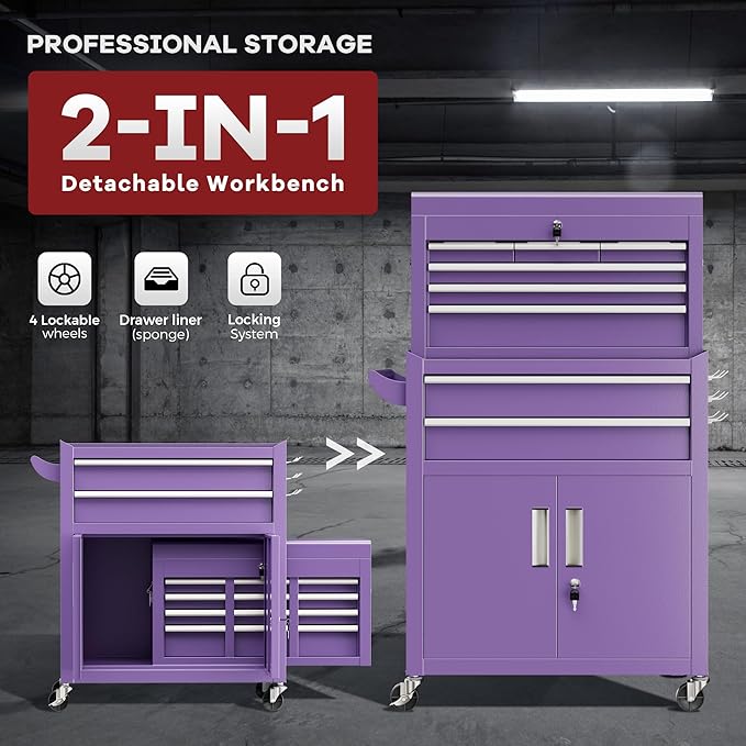 Bonusall 8 Drawer Rolling Tool Chest and Cabinet Combo,Heavy-Duty Metal Garage Tool Chest with Wheels and 2 Doors,2-in-1 Top Box and Roller Cabinet Combo for Garage, Workshop, Warehouse-Purple