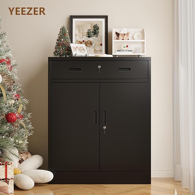 Metal Storage Cabinet, 36 Inch Tall Metal Storage Cabinet with Doors and Shelves, Pantry Cabinets with Drawer for Kitchen Storage, Garage Cabinet for Living, Dining Room, Assemble Required.