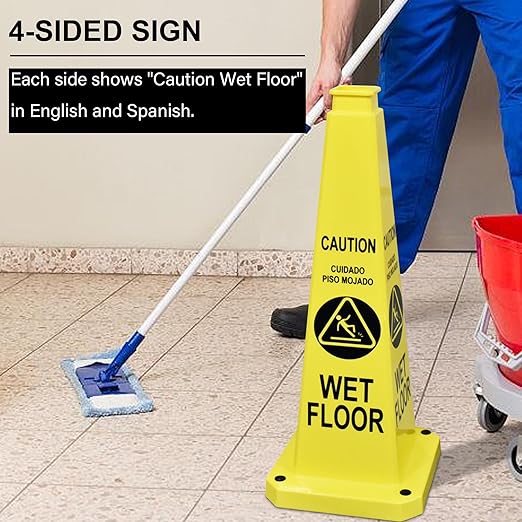 OrangeStar 3-Pack 28" Wet Floor Caution Cones, Yellow 4-Sided Bilingual Warning Message Safety Traffic Cones with Heavy Rubber Base for Indoor/Outdoor Use