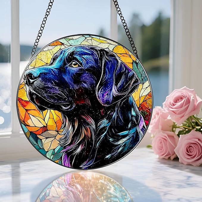 8″ Stained Glass Window Hanging Ornament, Black Labrador Retriever Stained Glass Suncatcher Ornament, Sun-Catcher Window Decor | Gifts for Dog Lovers, Dog Lover Gift, Pet Lover Gift