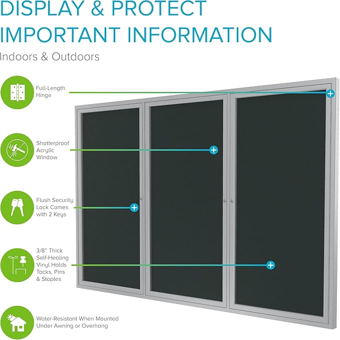 Ghent 48"x72" 3-Door Outdoor Enclosed Vinyl Bulletin Board, Shatter Resistant, with Lock, Satin Aluminum Frame - Ebony (PA34872VX-183), Made in the USA
