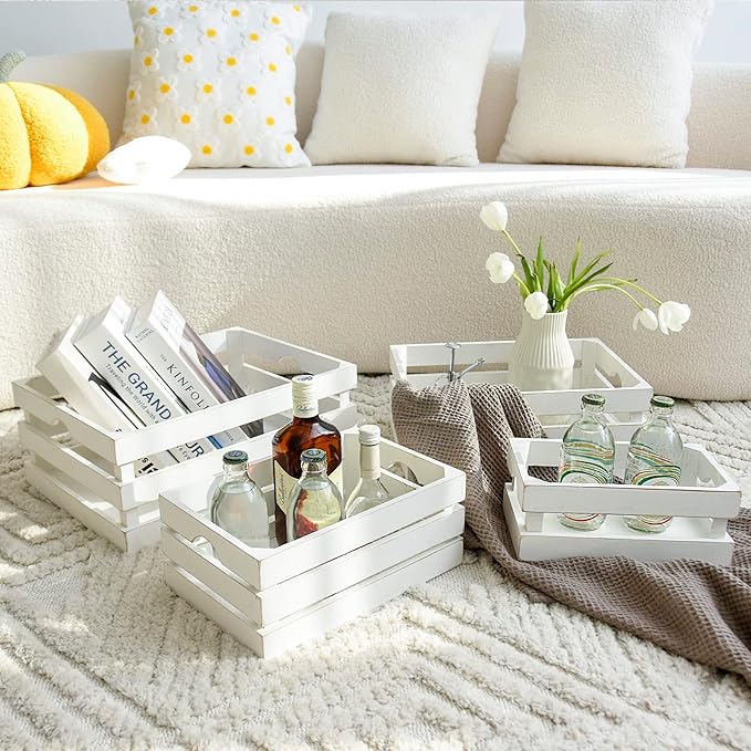 Large Wooden Crates Set of 4 Decorative Storage Box with Handles, Rustic Whitewashed Farmhouse Wooden Crates for Display, Living Room Container Baskets Box for Kitchen, Pantry, Bedroom