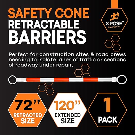 Retractable Barrier for Safety Traffic Cones - 2" OD - Large Yellow and Black Bar Barricade - for Road Construction, Parking, Warning, Temporary Security Divider (1, Orange & White, 72" x 120")
