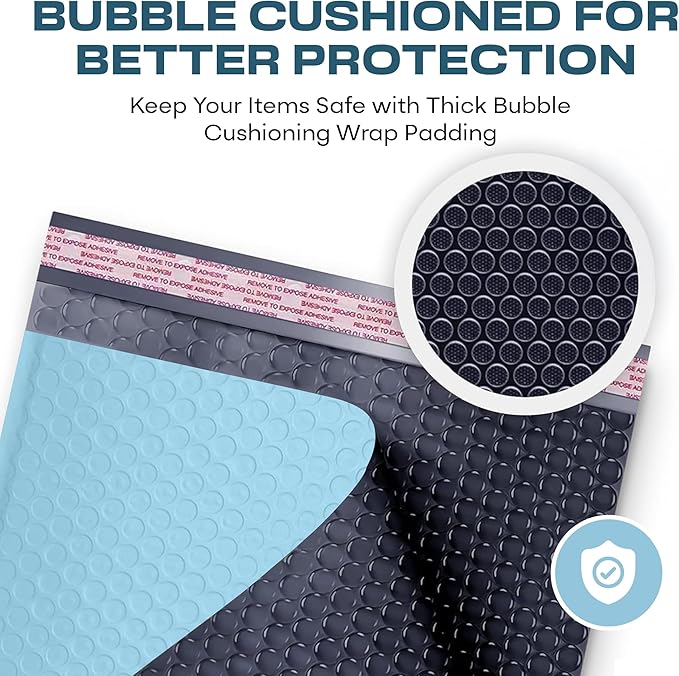 Light Blue Large Poly Bubble Mailers 9.5x14.5 inch #4 | Self Seal Padded Envelopes Cushioned Bubble Mailer | Usable Size 9.5x13.5 | WaterProof | Lightweight mailing Shipping Bags | 200 Pack Bulk