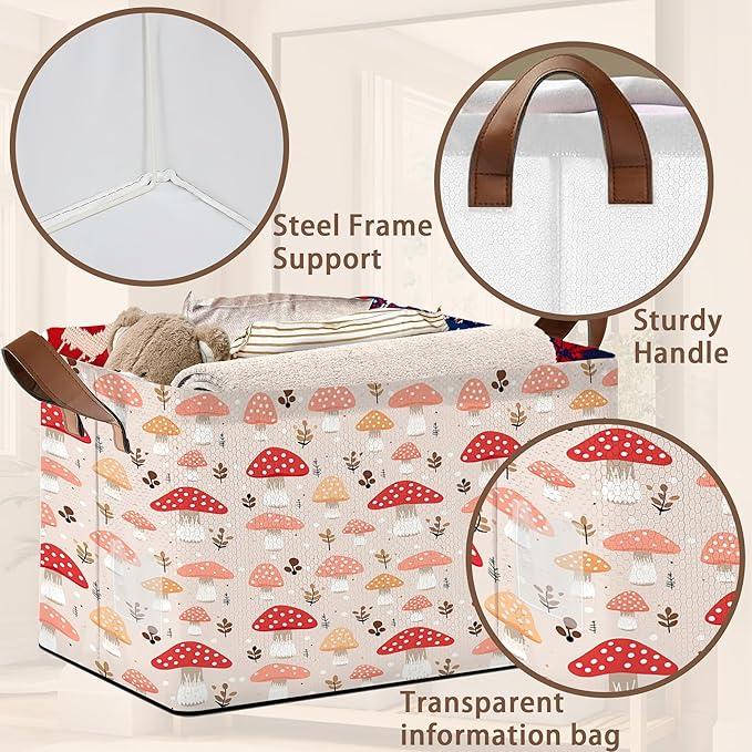 Red Mushroom Storage Basket Large 17x11.5x10.5 Inches - Collapsible Fabric Organizer Bin with Handles for Kids Room, Nursery, Toys - Foldable Decorative Hamper with Cute Mushroom Design - Single Pack