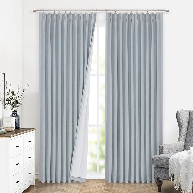 Vision Home Blue Fog Pinch Pleated Full Blackout Curtains Linen Blended Room Darkening Window Curtains 102 inch for Living Room Bedroom Thermal Insulated Pinch Pleat Drapes with Hooks 60" Wx102 Lx1