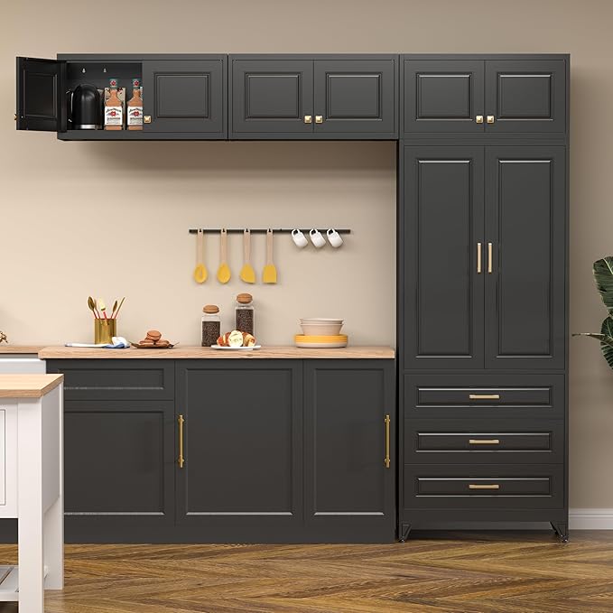Kitchen Pantry Cabinet, 90" Tall Cabinet with Three Drawers, Metal Food Pantry Cabinet and Shelves, Freestanding Cupboards for Dining, Living Room, Black,16" D x 32" W x 90" H, Assembly Required