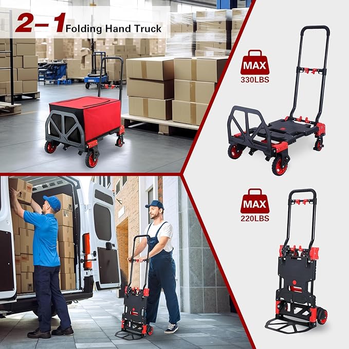 2 in 1 Hand Truck Dolly Foldable,330LB Capacity Portable Folding Hand Cart,Hand Truck Foldable with Retractable Handle,Folding Dolly Cart with Wheels for Moving