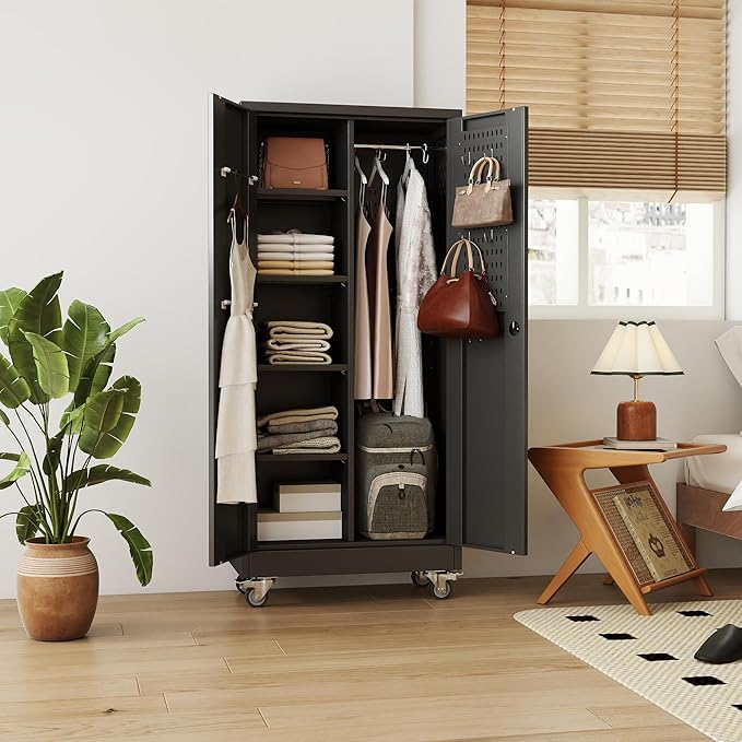 61.7"H Metal Garage Storage Cabinet with Wheels and Hanging Rod,Broom Closet Storage Cabinet with Pegboard and 4 Adjustable Shelves with 120LBS for Garage Home Office School,Required Assembly,Black