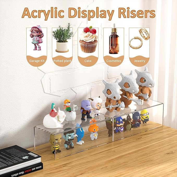 Acrylic Shelf Riser 12x4.7x3 pack of 2, Desktop Rectangular Acrylic Tray Pedestal Stand for Funko Pop Figure, Bags, 12x4.7x3 Inch