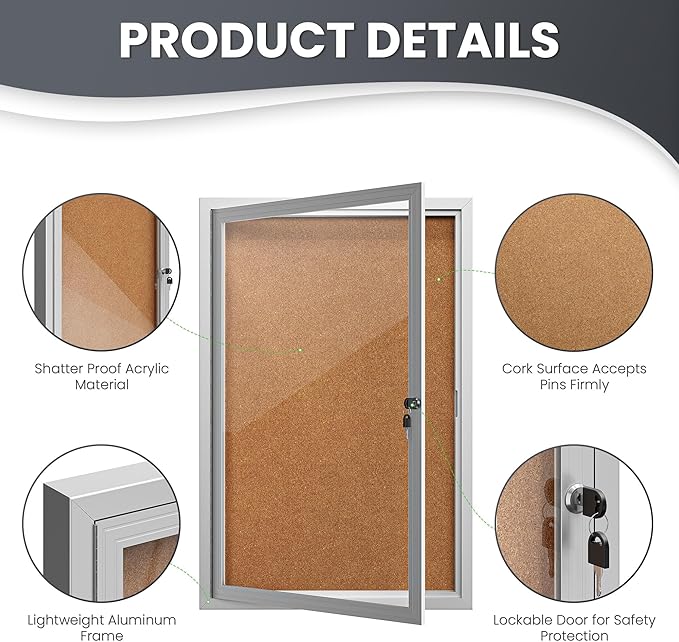 36"x24" Lockable Enclosed Bulletin Board, Outdoor Cork Weather-Resistant Aluminum Frame Notice Board, Wall Mounted Display Case Acrylic Doors for School,Office,Silver Frame w/Cork
