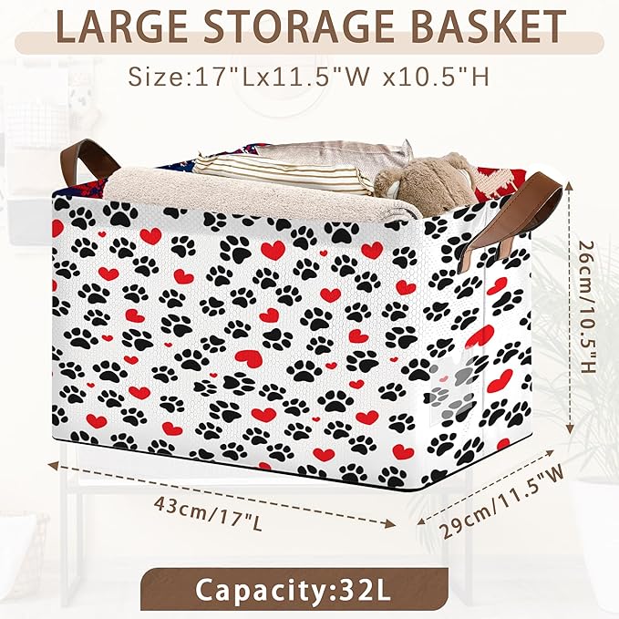 Paw Print Storage Basket Large 17x11.5x10.5 Inche-Collapsible Fabric Organizer Bin with Handles for Pet Lovers, Nursery, Bedroom-Foldable Decorative Hamper with Heart & Paw Design-Single Pack