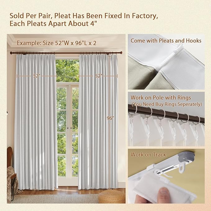 Textured Linen Pinch Pleated 100% Blackout Curtains for Bedroom/Living Room Blackout Curtains 102 Inches Long, Energy Saving Window Treatment Curtains,84Wx102Lx2,White Beige