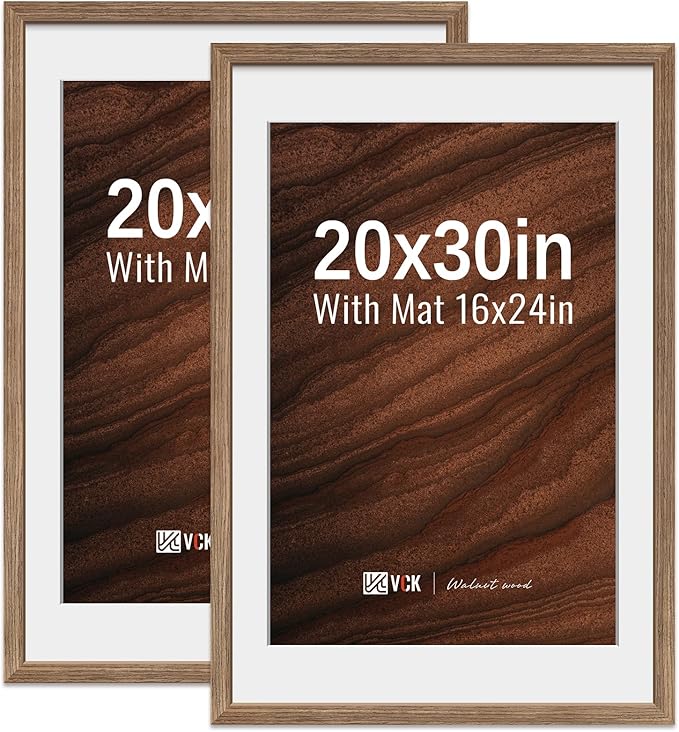 VCK 20x30 Poster Frame 2 Pack - Walnut, High-End Wood Picture Frames with Polished Plexiglass, Display 16x24 Photo with Mat or 20x30 without Mat, Art Gallery-Quality, Wall Hanging, Walnut