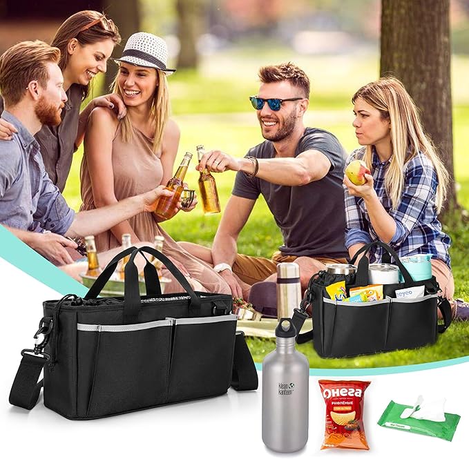 Trunab Water Bottle Carrier with Drawstring Buckle, 32/40 oz Cup Holder Bag with Detachable Divider, 3 Cup Carrier with Adjustable Shoulder Strap