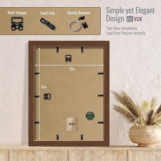 VCK 12x16 Picture Frame 2 Pack - Brown, High-End Wood Poster Frames with Tempered Glass, Display 8.5x11 Photo with Mat or 12x16 without Mat, Art Gallery-Quality, Wall Hanging, Brown