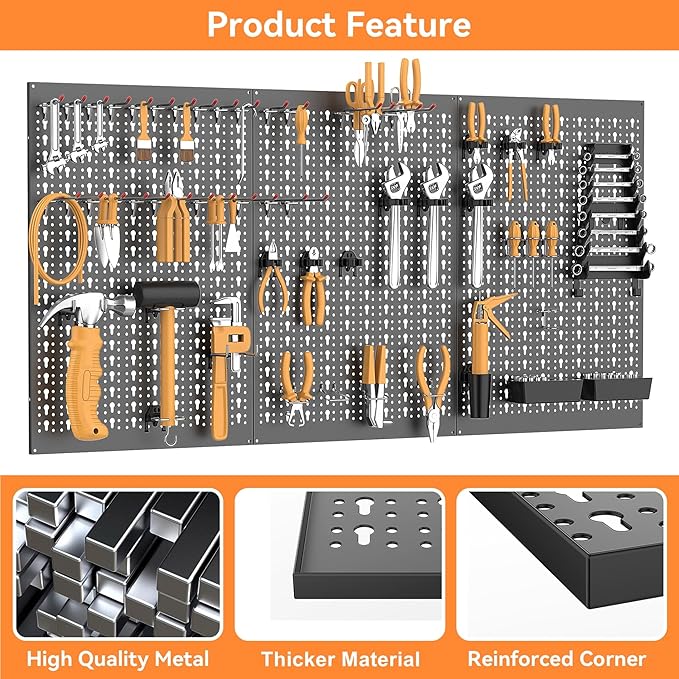 WALMANN Metal Pegboard Wall Tool Organizer Board with Pegboard Hooks, 24x48 in Tools Organizer Pegboard for Garage, Workbench, Peg Boards, Tool Storage Board with Hooks(Black)