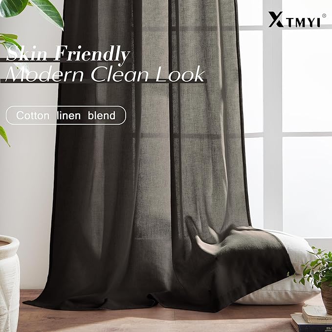 XTMYI Brown Curtains 84 Inch Length 2 Panels Set for Living Room,Linen Semi Sheer Light Filtering Rustic Farmhouse Curtains Drapes 84 Inches Long