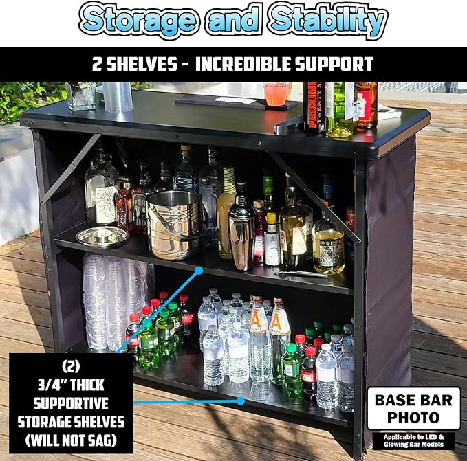 PartyLife Premium Portable Bar Table w/LED Lights, Wireless Remote, Folding Legs, Black Fabric Bar Skirt, 2 Storage Shelves & 2 Carrying Bags | Commercial Grade | Strong & Sturdy - White
