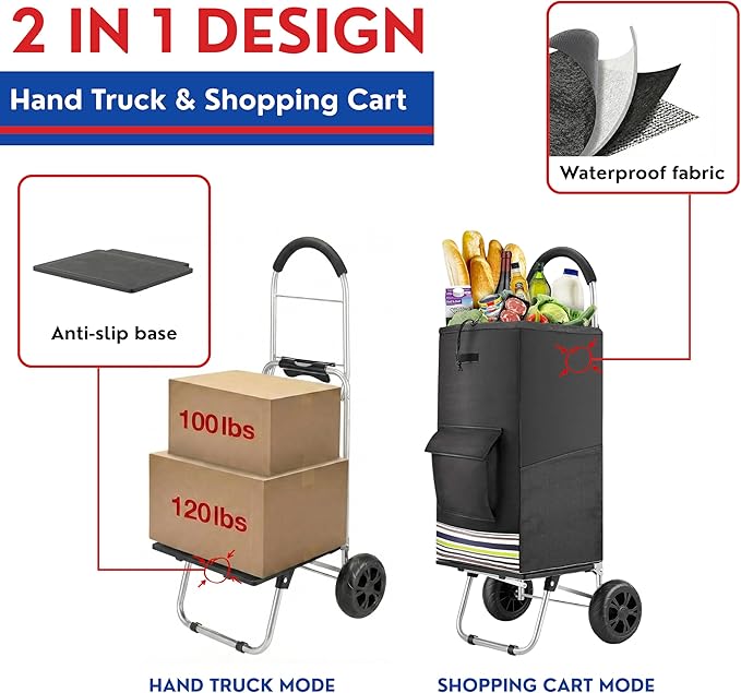 Shopping Cart, Super Loading Grocery Trolley, 220 lbs Capacity, Foldable Cart with Extra Large Black Shopping Bag Portable Grocery Utility Cart With Adjustable Bungee Cord