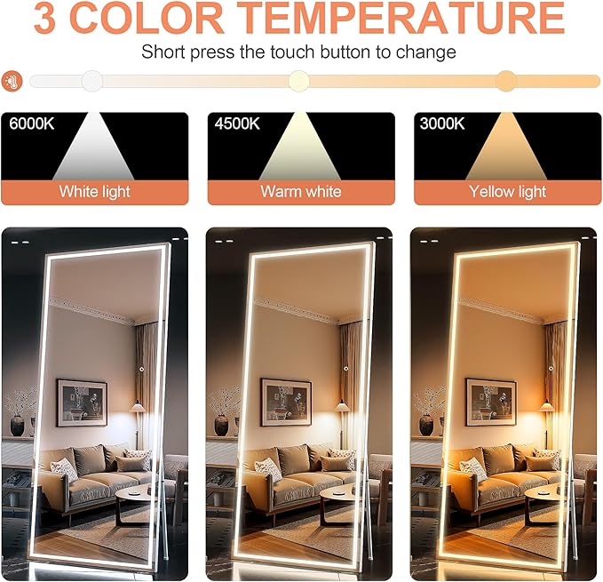 Full Length Mirror with Lights, 67" x 24" LED Lighted Floor Standing Body Mirror, Dimmable & 3 Color Lighting for Bedroom, Cloakroom, Dressing Room, Tempered Glass, Square White