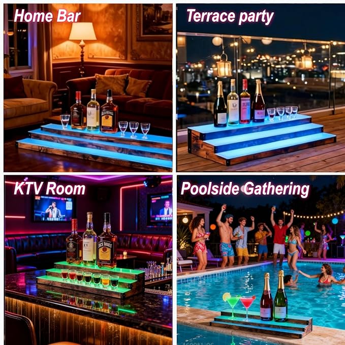 2Pack 3 Tier LED Lighted Liquor Bottle Display Shelf - 60" Total Length,RGB Countertop Bar Shelf with RF & App Control,7 Static Colors Music Sync,Timer,Lighted Bottle Shelf for Home &Commercial Use