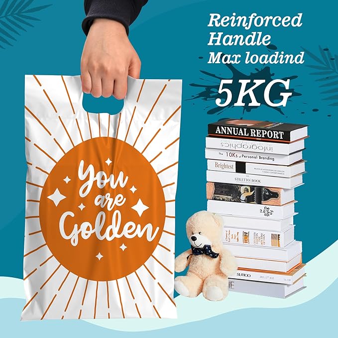 JinRuiKJ Poly Mailers with Handle 10x13 Inch 25 Pcs, Easy to Carry Packaging Bags for Small Business, Thank You Shipping Bags with Self Adhesive Strip, Tearproof and Waterproof - You are Golden