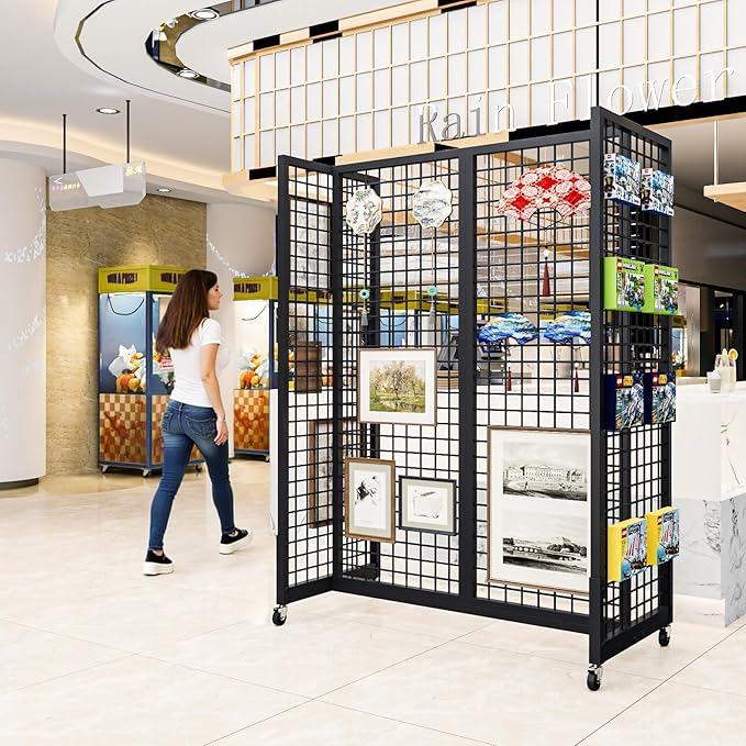 4Pcs Grid Gondola Unit, 2'x 5' Grid Wall Panels with Sturdy Frames, Gridwall Display Stand with Wheels, Craft Show Gridwall Display Rack for Craft Fair Display, Art Show Display, Retail Stores