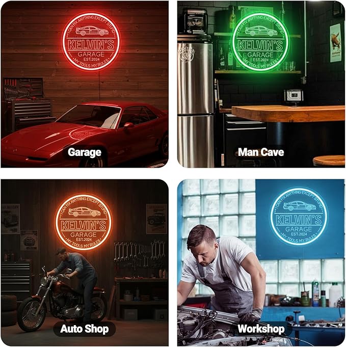 Custom Garage Neon Sign for Wall Decor, Dimmable Personalized Mechanic Garage Sign with Remote Control, Customized Name Light Up Sign for Auto Shop, Workshop, Man Cave, Gift for Men Dad