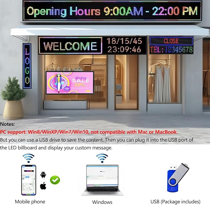 P10 Outdoor/Indoor Programmable LED Sign, 4000CD/㎡ High Brightness Scrolling Display, WiFi Control, Customizable Message Board for Business Advertising, Restaurants, Stores, Bars 40"x14"
