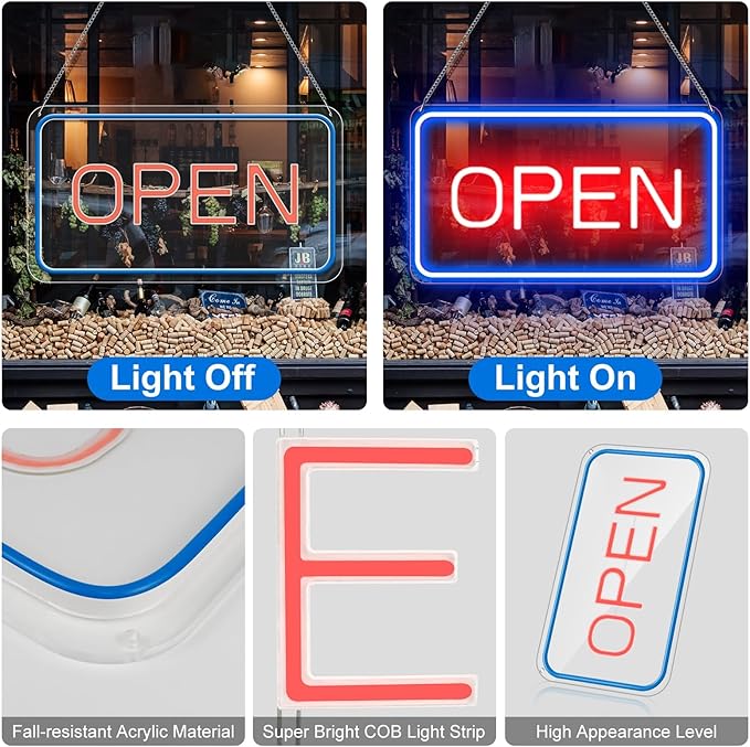 inShareplus 16"x 9" Super Bright Open Sign,12V LED Neon Open Signs for Business for Window, with ON/OFF Switch, Electric Light up Signs for Stores, Restaurants Retail Shops (Blue-Red-Horizontal)