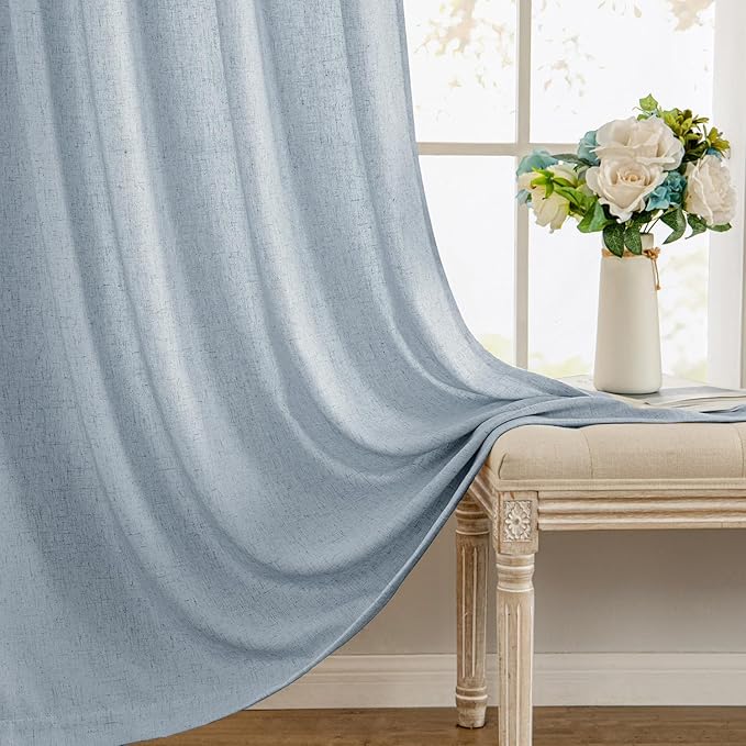 MIULEE Non-See-Through Privacy Linen Curtains 2 Panels, Chambray Blue Light Filtering Window Curtains Farn House Textured Back Tab Semi Sheer Drapes for Bedroom Living Room 108 Inches Long Light Blue