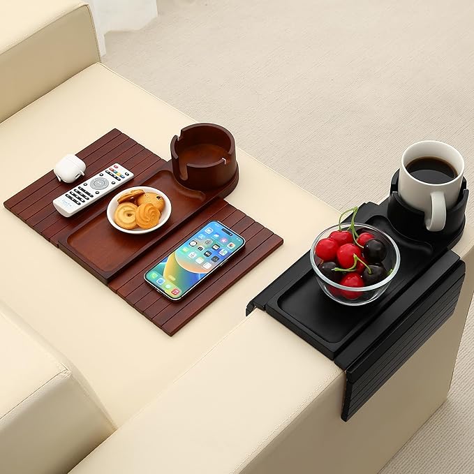 Couch Cup Holder Tray, 15.75" Bamboo Cup Holder for Couch, 3 in 1 Foldable Arm Chair Clip on Side Tray Table for Remote Snack Table on Armrest
