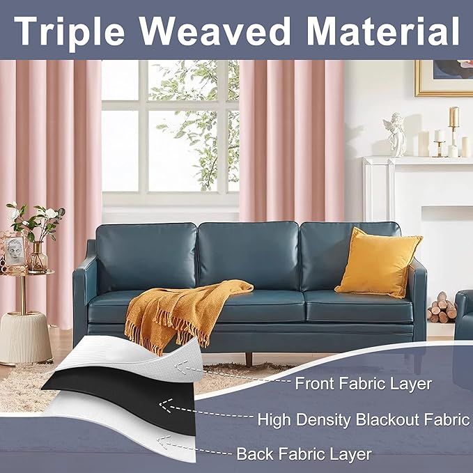 JIUZHEN Blush Pink Blackout Curtains for Bedroom - Curtain Drapes Set of 2 Panels with Tiebacks, Thermal Insulated Room Darkening Noise Reducing, 42 x 72 Inch Curtains for Girls Room