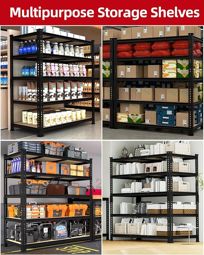 PrimeZone Heavy Duty Garage Storage Shelves - 48" W X 24" D X 72" H Adjustable Metal Shelving Unit, 5 Tier Industrial Shelves for Storage Standing Utility Rack for Warehouse, Basement, Black, 10 Pack