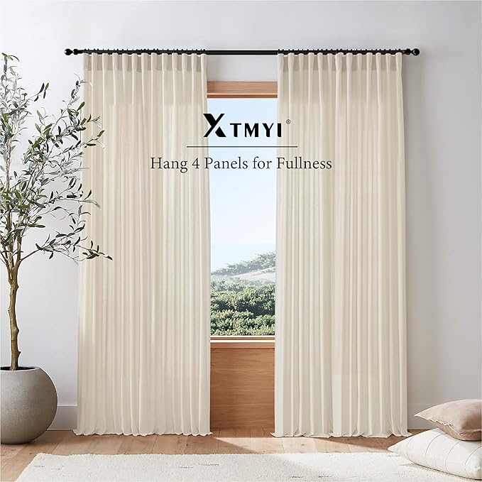 XTMYI Tan Beige Curtains 84 Inches Long for Living Room,Sheer Linen Hooks Pleated Back Tab Light Filtering Semi Opaque Curtains for Bedroom,Set of 2 Panels