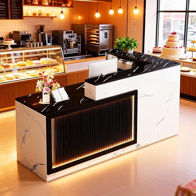 L-Shaped Reception Desk with Counter LED Light and Lockable Drawers and Storage Tall Modern Front Desk Reception Counter for Checkout Lobby Beauty Salon D Left 79inch/200cm