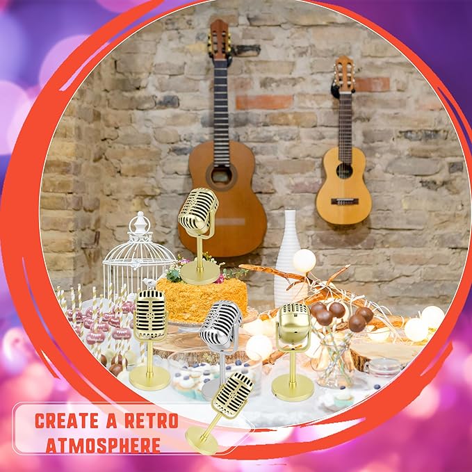 10 Pack Retro Microphone Props Fake Microphone Model with Stand Classic Vintage Plastic Antique Mic Table Decor for Halloween Party Decoration Rock Hip Hop Music Prop Pretend Play (Golden and Silver)