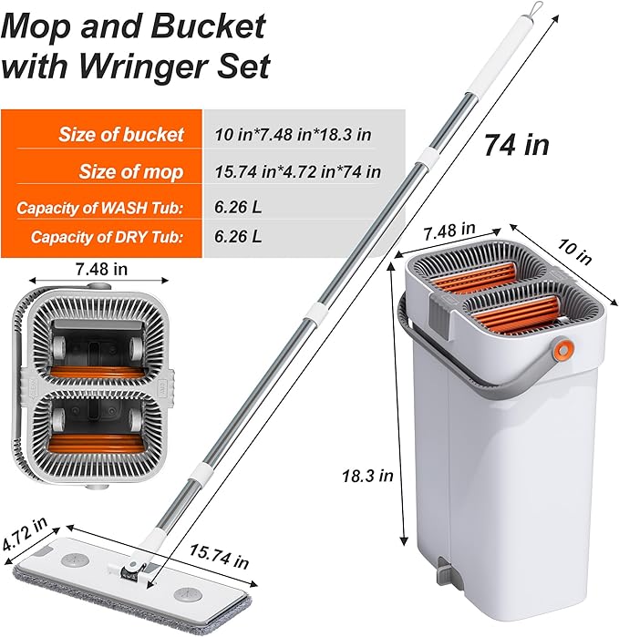 CTIME Large Mop and Bucket Set, Flat Mop and Bucket System, Wall Mop with Adjustable Handle (Max 74 Inches), Mops for Floor Cleaning, 6 Washable 15.74'' Microfiber Mop Pads