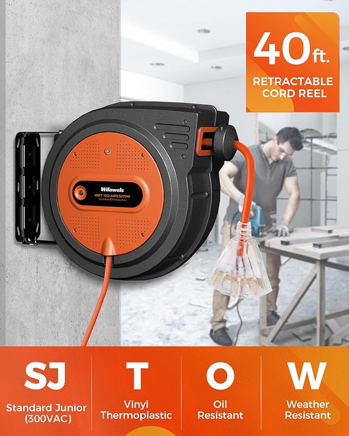 40 FT Retractable Extension Cord Reel, Heavy Duty Power Cord, 12AWG/3C SJTOW, 3 Grounded Outlets Lighted Triple Tap, 15 Amp Circuit Breaker, Wall/Ceiling Mounted, ETL Listed, Orange G40ACR06