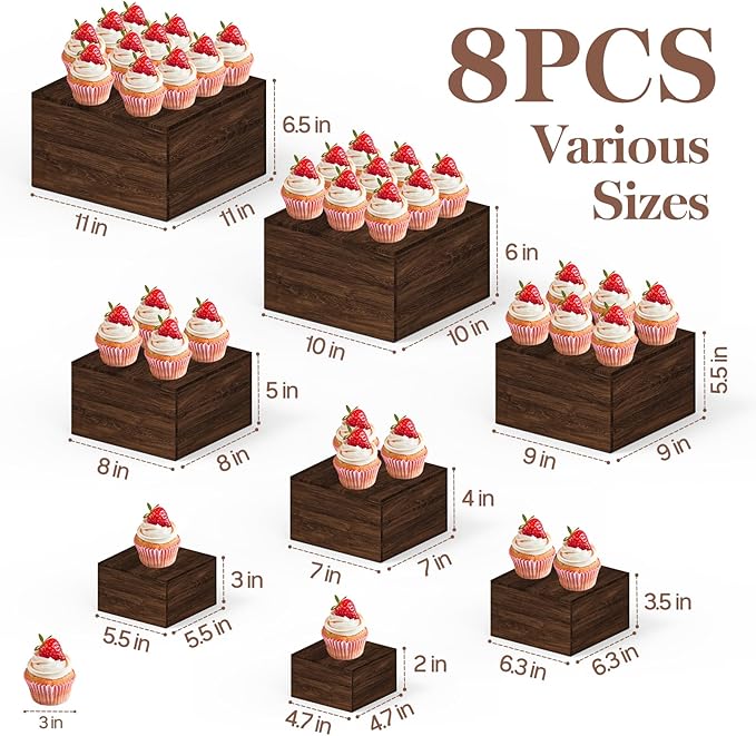 8 PCS Wooden Buffet Risers, Rustic Wood Cake Cupcake Stands, Square Food Risers for Buffet Table, Catering Dessert Table Display Set, Stackable Wooden Crates for Party, Decor, Wedding, Birthday