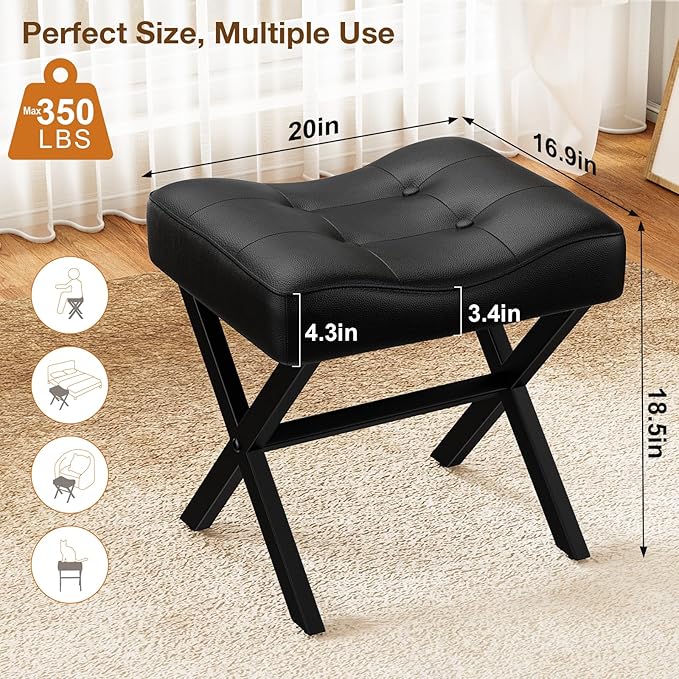 18-Inch Large Leather Vanity Stool, Vanity Chair with Metal X-Leg, Ottoman Accent Stool with Thick Padded Saddle Seat, Black