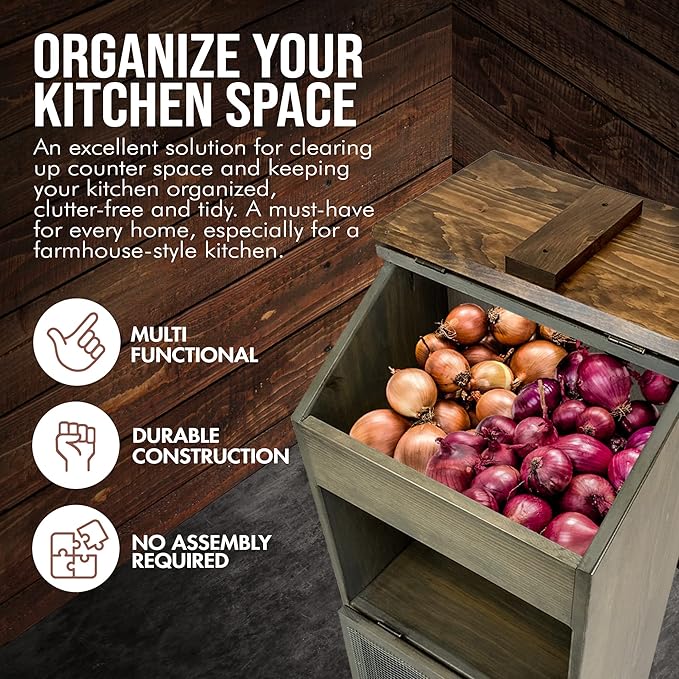 Peaceful Classics Potato Storage Wood Box, Wooden Bread Bins, Decorative Onion Bin w/Grocery Section, Vegetable Storage w/Lid for Kitchen Pantry, Pewter