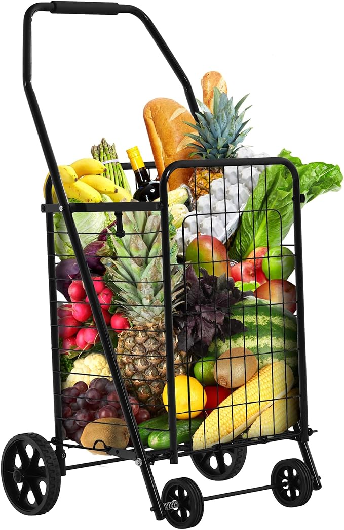YITAHOME Folding Shopping Cart with Wheels, Rolling Foldable Grocery Cart for Seniors, Portable Collapsible Utility Cart for Shopping Groceries Laundry Storage Organizer