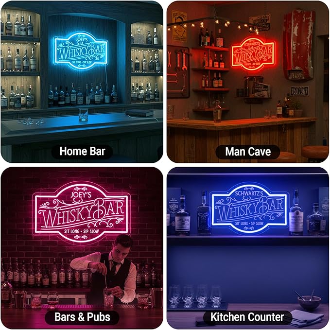 Custom Neon Bar Sign, Personalized Whiskey LED Light for Home Bars, Speakeasy Man Cave Décor Beer Established Year Gifts for Men Dad Husband Whiskey Lovers