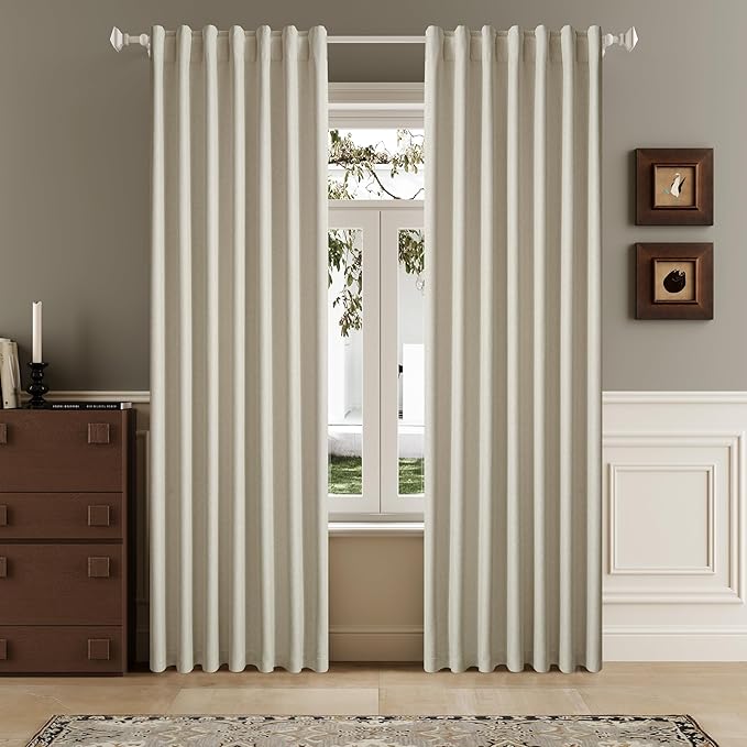 DUALIFE Faux Linen Blackout Natural Birch Curtains 80 Inch Long,Farmhouse Back Tab Rod Pocket Curtains Room Darkening Thermal Insulated Drapes for Bedroom Living Room,W50 x L80,2 Panels