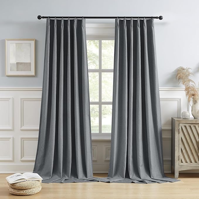 DUALIFE Gray Extra Long Pinch Pleated Blackout Curtains 132 Inch Length,Back Tab with Hooks Thermal Insulated Blackout Curtains 40W x 132L, Grey, 2 Panels