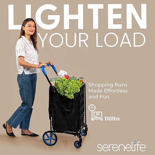 SereneLife Large Folding Utility Shopping Cart with Removable Liner – Heavy Duty, 360° Swivel Wheels, 110 lb Capacity, Portable for Groceries, Laundry, Luggage, and More (Blue)