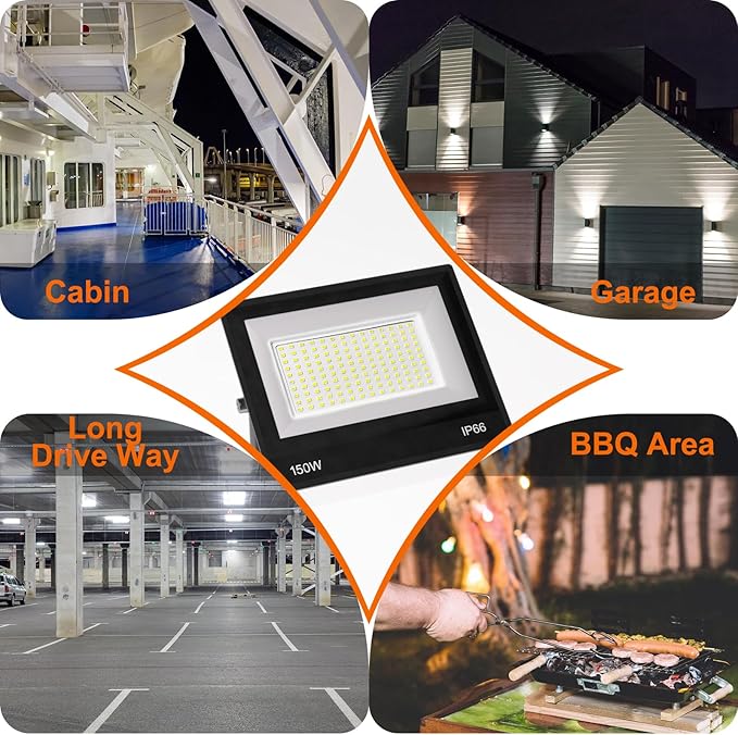 XXBSAZ 2 Pack 150W LED Flood Lights Outdoor, 18,000LM Plug-in Hardwire Work Light IP66 Waterproof - 6500K Daylight Bright for Yard, Garage, Stadium